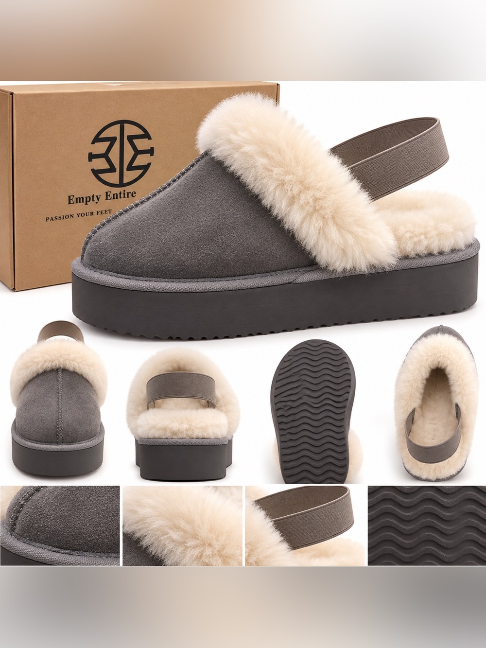 Women's Gray Suede Shearling Slingback Slippers - Gray/Cream NWT size 7.5